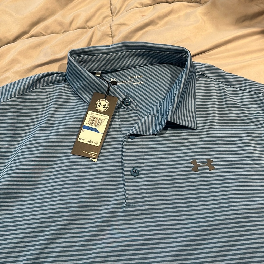 Men’s Under Armour golf shirt. New with tags. Blue striped. XL